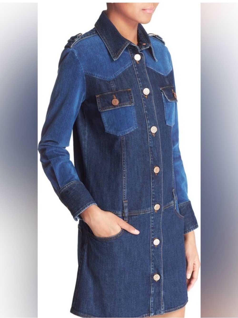 See by Chloe Button-Front Denim Shirt Dress in Dark Wash Xs - Picture 2 of 9